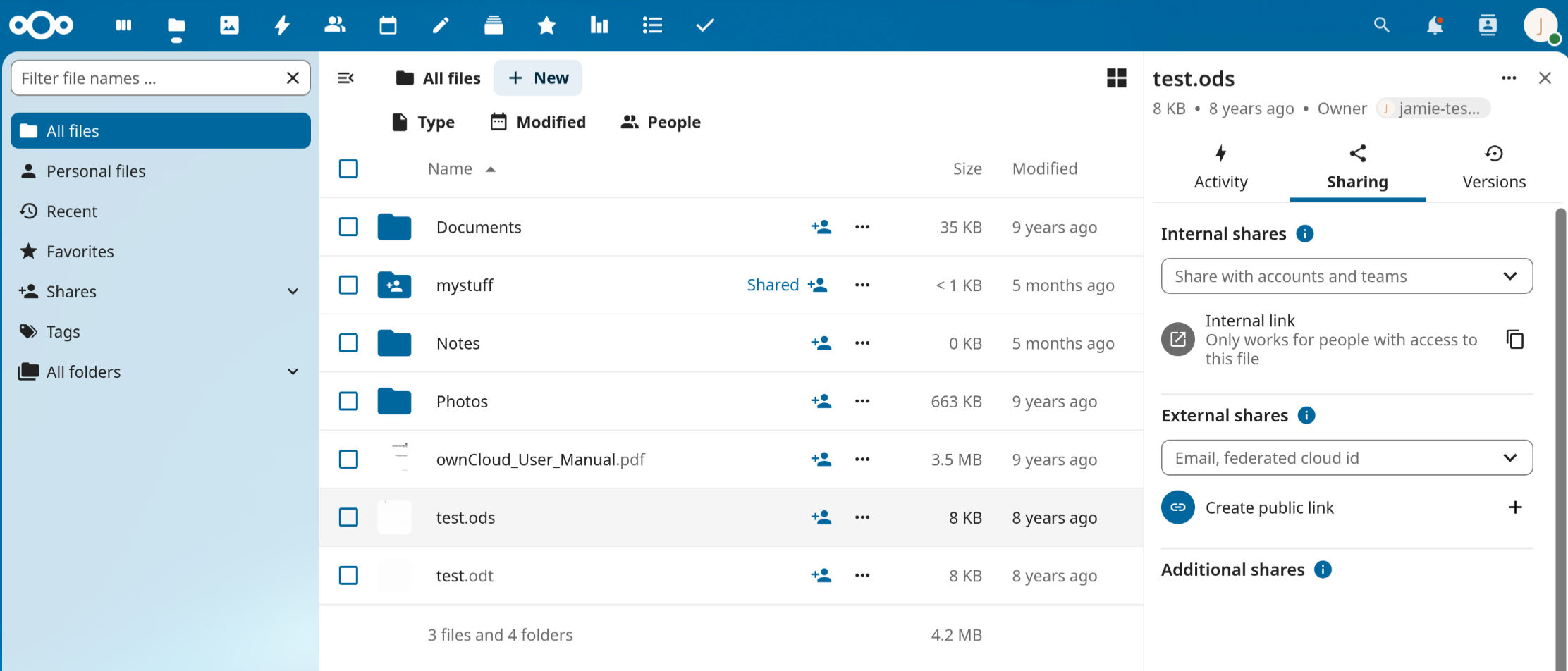 Screen shot showing files and a permissions side bar