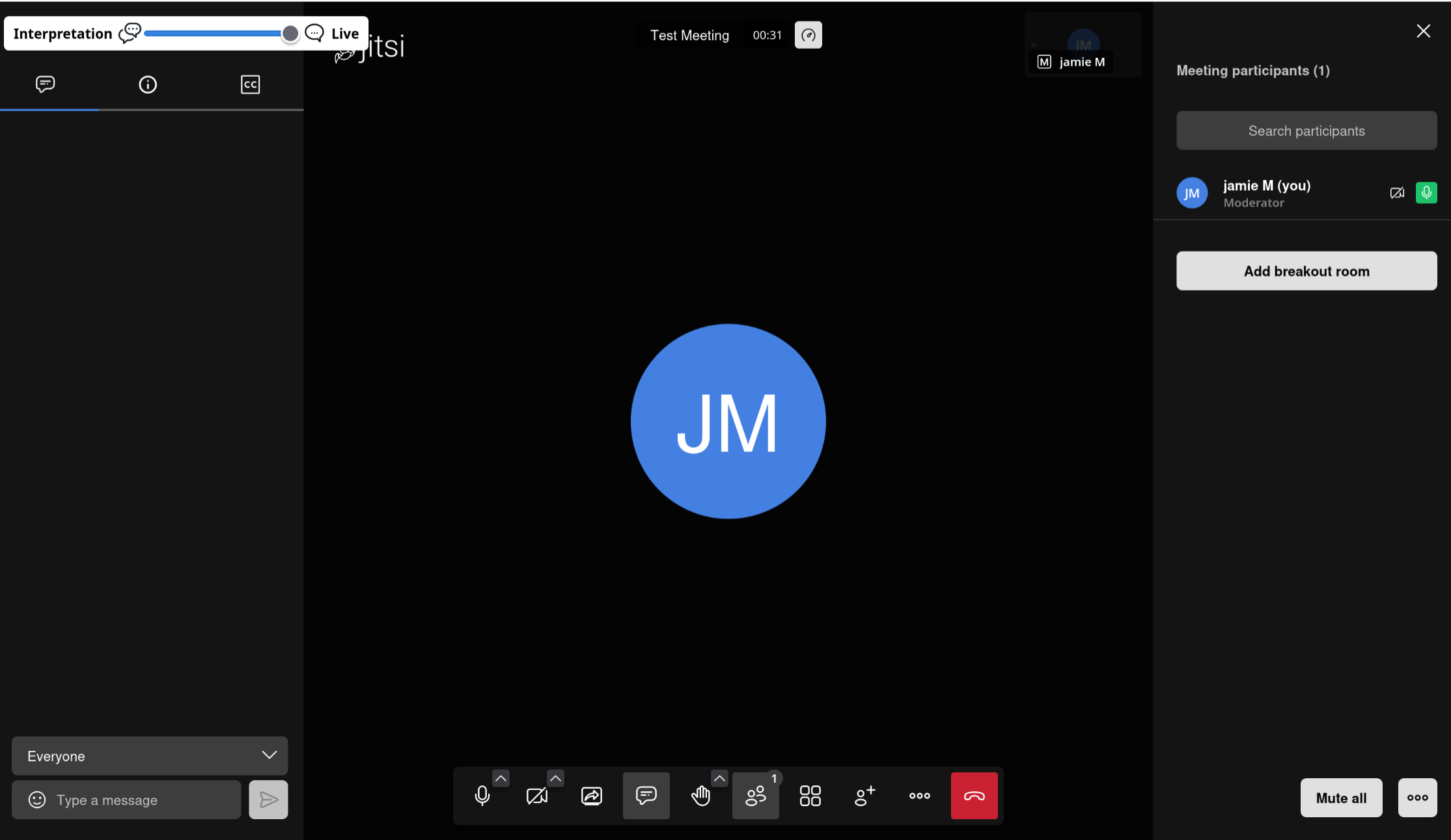 A screen shot of video call with chat, showing interpretation slider, participant list and break out room button