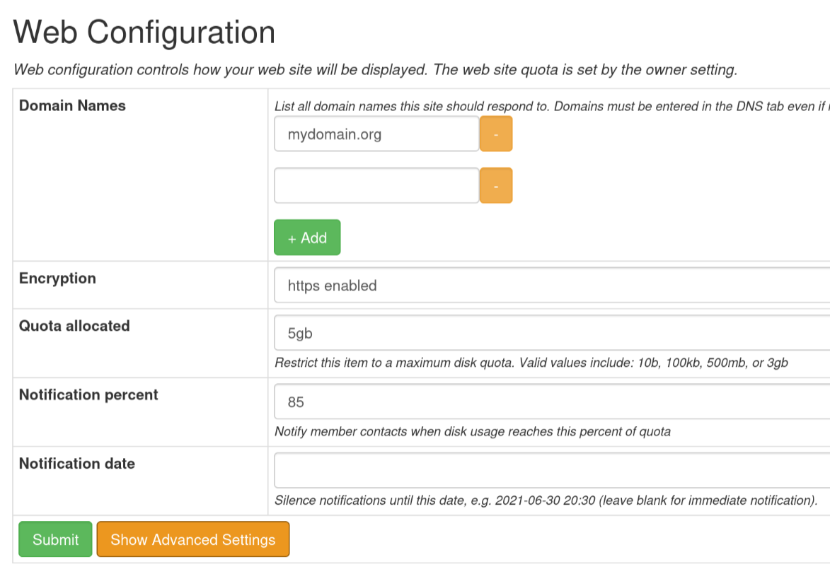 Screen shot of control panel showing domain name, encryption, quota, quota notification and percent fields plus advanced button