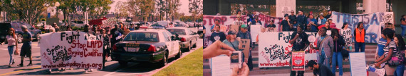 Protesters walking by cop car