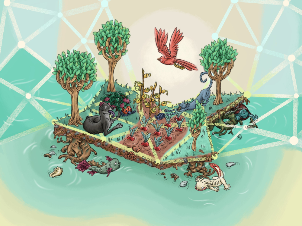 A patch of raised land (exposing the roots) with a garden, trees and several land animals surround by water with various sea animals